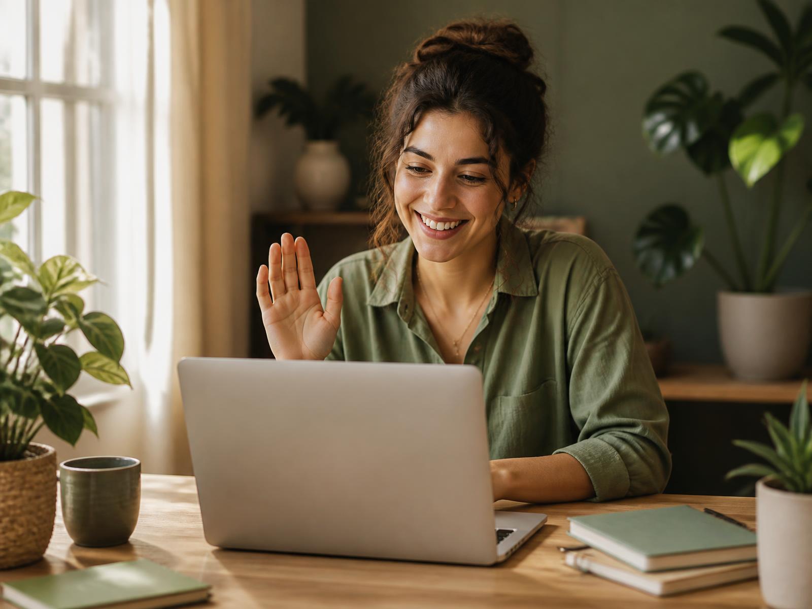 Student smiling during a live online language lesson on a laptop